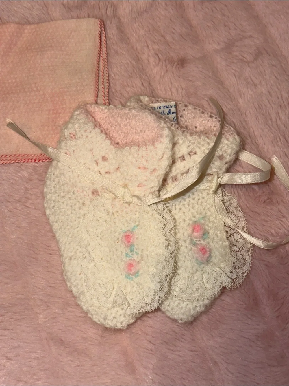 Vintage 1960s Saks Fifth Avenue Italian Baby Booties & Hand-Stitch Bunny Cloth